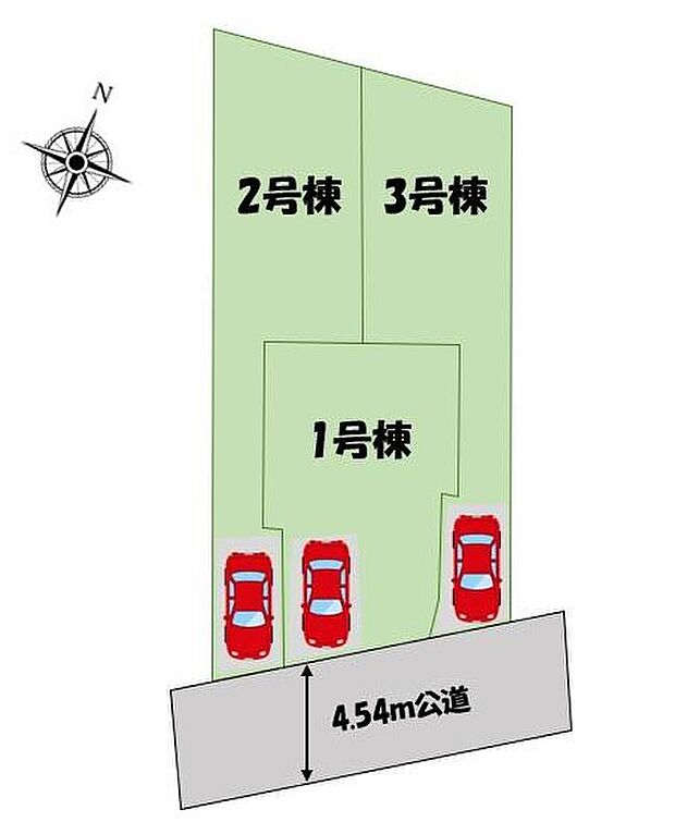 【全体区画図】カースペース全棟1台♪前面道路は南側なので、陽当たり・風通し良好です！
