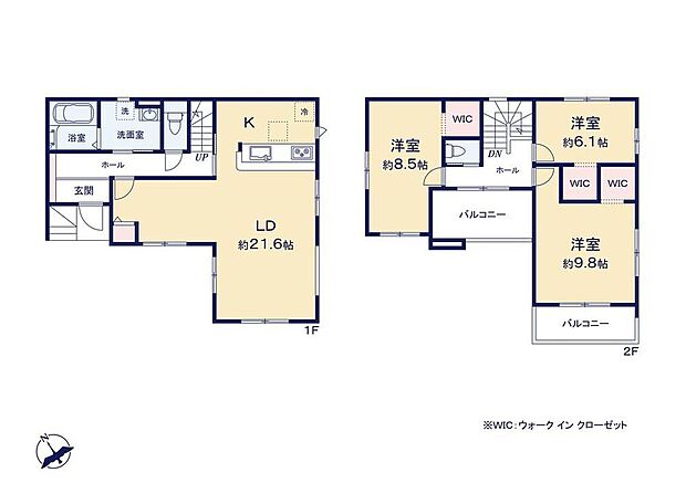 【3LDK】広々21.6帖のLDK！対面キッチンからはLDK全体を見渡せます♪2階の全洋室が6帖以上！全室ウォークインクローゼット付き！広くて使いやすい間取りです♪バルコニーが2面あるので大量の洗濯物も布団干しも楽々♪