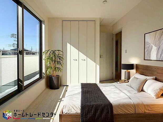 南向きの主寝室は採光も明るく風通し共に良好です。ダブルベッドのサイズのベッドを配置しても十分な広さを確保できる寝室です♪※こちらはCGなどで画像生成したイメージ画像となります。