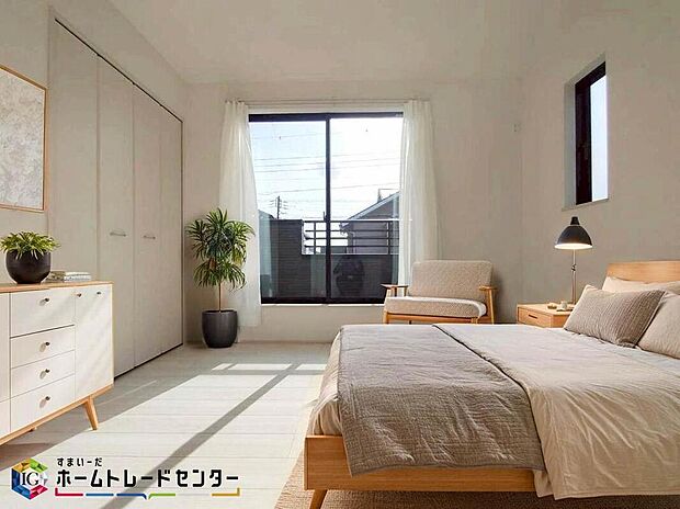 南向きの主寝室は採光も明るく風通し共に良好です。ダブルベッドのサイズのベッドを配置しても十分な広さを確保できる寝室です♪※こちらはCGなどで画像生成したイメージ画像となります。