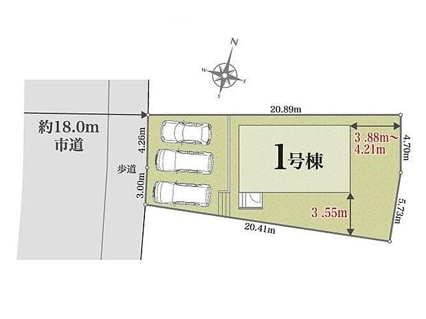 ≪区画図≫◎前面道路は幅員約18ｍと広く開放的！◎カースペース3台分（車種による）で来客用や自転車置場としても活用可能♪