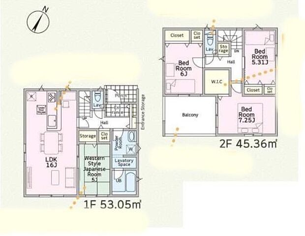 【4LDK】リビング隣には、ホッとできる和室を用意。お子様のお昼寝スペースや書斎としてなど、いろいろとお使い頂けます♪２階の洋室にはウォークインクローゼット完備で収納が豊富な間取りになっています♪