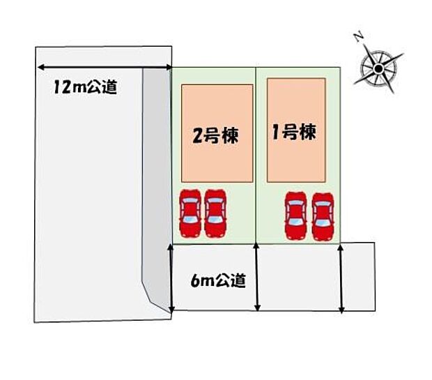 【全体区画図】カースペース２台分♪角地につき解放感溢れる２邸宅です♪