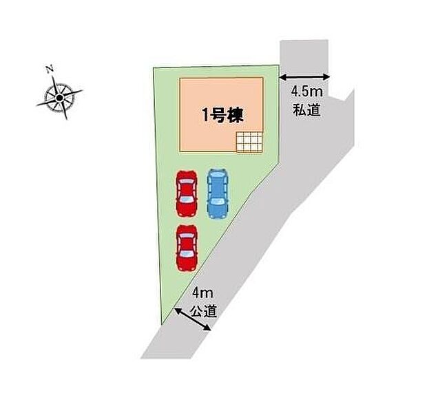 【全体区画図】広々した駐車スペース3台分確保♪開放感あふれる立地です！小学校徒歩6分、スーパー徒歩7分で暮らしやすい住環境です◎