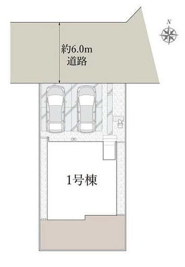 【区画図】日当たり良好！陽光あふれる南庭付き♪
車種によりカースペース2台駐車可能です。ご家族の自転車やバイクなどの駐輪スペースとしてもお使いいただけます！前面道路約6ｍでお車の出し入れもラクラク♪