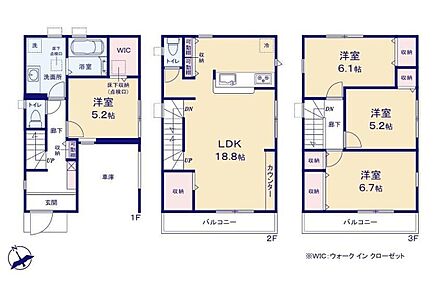3階建て4LDKの間取り♪陽当たり良好な2階のLDKは広々18帖！家族と自然なコミュニケーションがとれるリビングイン階段を採用♪LDKには収納とカウンターを完備♪ 