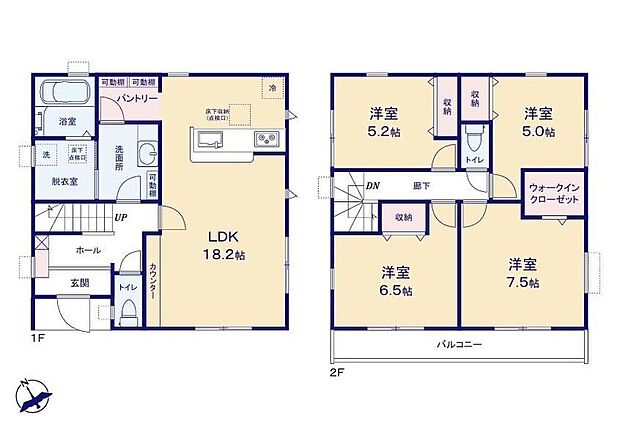 【4LDK】2階建て4LDKの間取り♪陽当たり良好なLDKは広々18帖でカウンターを採用♪WICやパントリーなど収納豊富♪洗面所と分離した快適な独立脱衣室あり♪