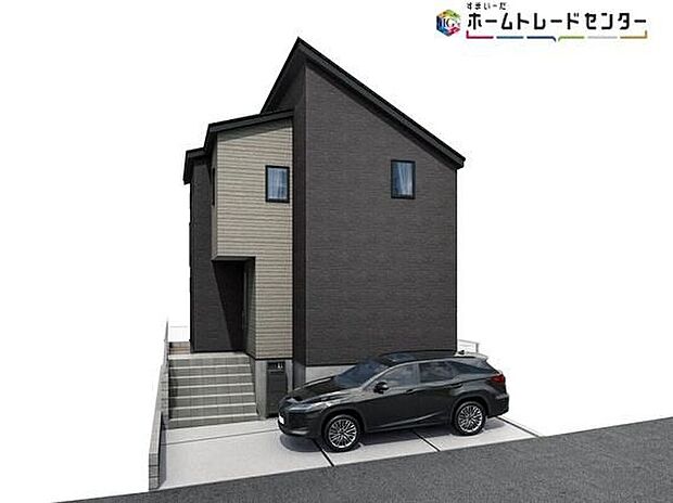 【完成予想図(外観)】（2号棟）対面式キッチンとリビングイン階段を採用し、収納に便利なファミリークロークも備えます。※CGイメージ画像は実際とは異なる場合があります。