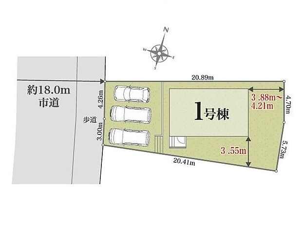 【全体区画図】◎前面道路は幅員約18ｍと広く開放的！
◎カースペース3台分（車種による）で来客用や自転車置場としても活用可能♪
