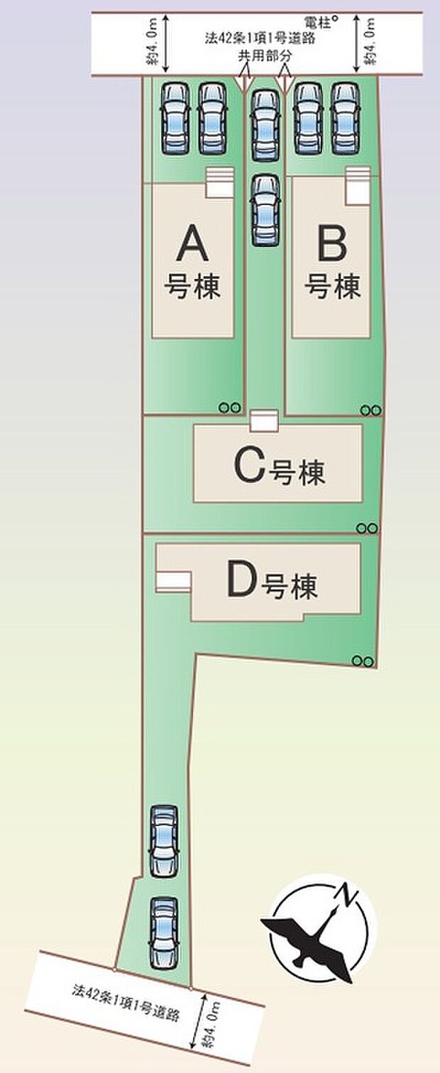 区画図です 建物や駐車スペース、前面道路の配置が分かりやすい区画計画です。住まいへの出入りや日当たりなどもあわせてご確認いただけます。