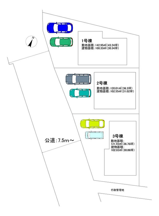 区画図です 敷地内の建物配置や道路との位置関係を確認できる区画図です。採光や通風、駐車スペースなど、実際の暮らしをイメージしながらご覧ください。