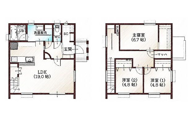 1階は、玄関~洗面脱衣室~キッチンと行き止まりのない回遊動線が魅力的!
2階には、3部屋の洋室と各部屋の収納、階段を上がったホールにはちょっとした物干しスペースもあります。