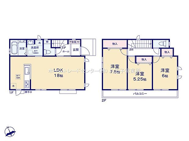 間取り図:3LDKの間取りが一目で分かります。1階は18帖のLDKと浴室・洗面・トイレ、玄関収納、2階は7.5帖・6帖・5.25帖の洋室とバルコニーが並び、各所に物入れを配した実用的なプランです。