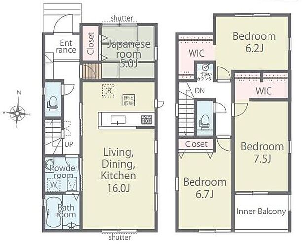 【4LDK】◇全居室収納有♪うち2部屋は大型収納のWIC付きでしっかり収納力を確保♪
◇2階にもあると便利な手洗いカウンターを設置♪衛生面や利便性に配慮された設計！
◇主寝室は7.5帖！ゆとりある空間で快適♪
