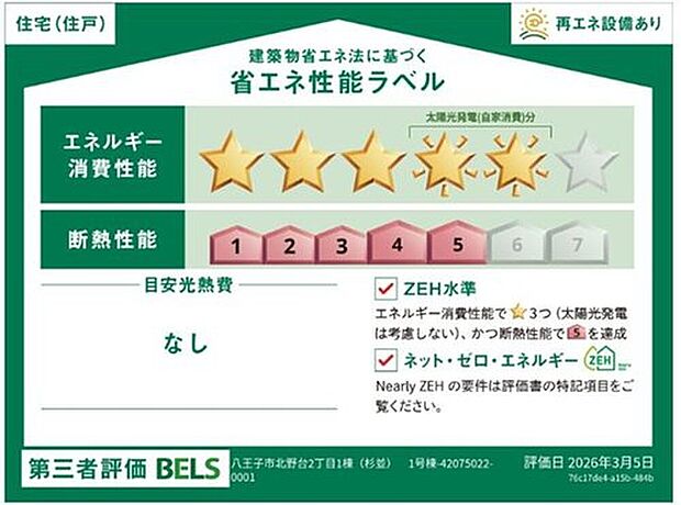 【【省エネ性能ラベル】】こちらの物件はZEH水準を満たした、省エネ性能に優れた物件です。　光熱費を抑えて暮らすことができるだけでなく、「熱の入りにくさ・逃げにくさ」という観点でも影響を受けにくい建物のため、長く快適にお過ごしいただけます♪