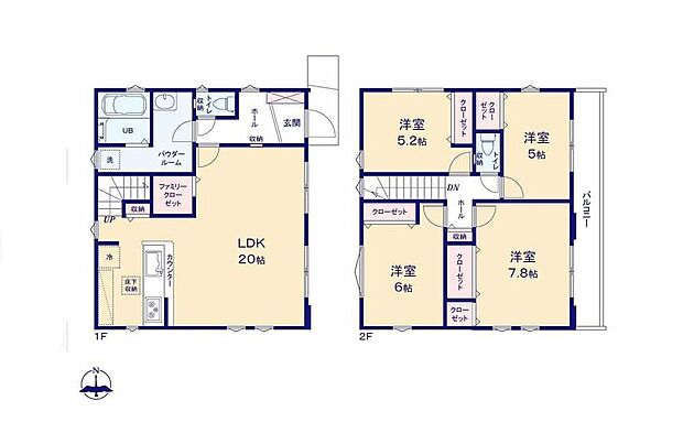 【4LDK】居室を2階に集約し、プライバシーにも配慮した間取りプラン！リビング広々20帖♪ファミリークローゼット付き♪ご家族を見守りながらお料理が作れる対面式キッチン♪全居室収納完備でお部屋スッキリ！