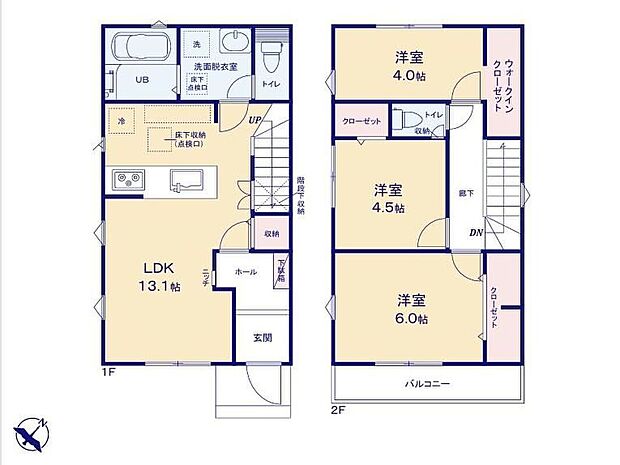 【3LDK】キッチンと洗面所が近く洗濯物を洗っている間にご飯の下ごしらえなど効率的な家事動線の間取り設計。リビングイン階段で、お子様の帰宅もすぐわかりますね。