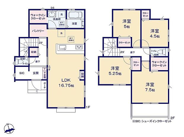 【4LDK】折上天井の開放的なLDK！キッチンには食料品のストックにも便利なパントリー付き♪寝室にはゆとりあるWIC完備で季節物のお洋服もたっぷり収納できます◎玄関には便利なシューズインクローク完備！