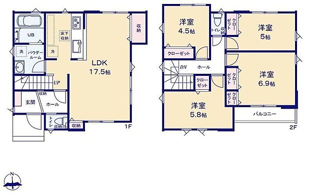 【4LDK】居室を2階に集約し、プライバシーにも配慮した間取りプラン！リビング広々17.5帖♪ご家族を見守りながらお料理が作れる対面式キッチン♪全居室収納完備でお部屋スッキリ！