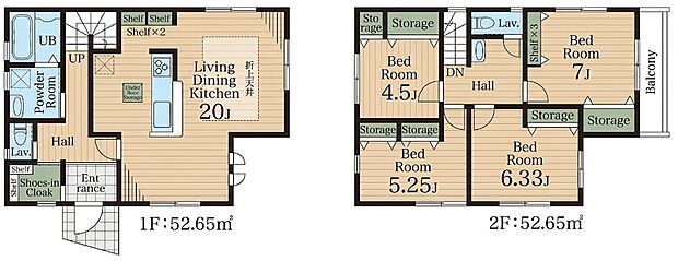 1号棟 5490万円 4LDK 土地面積139.07m2(42.06坪) 建物面積105.3m2(31.85坪)