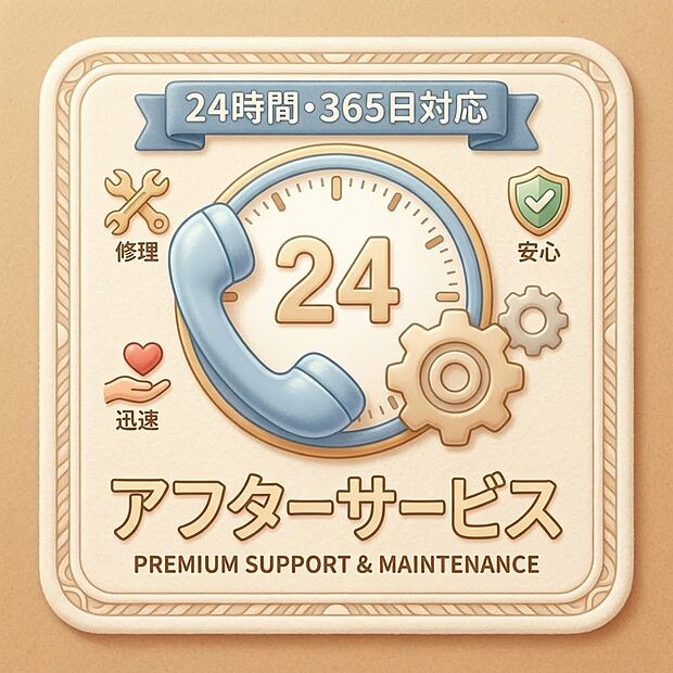 【アフターサービス 】24時間365日対応のアフターサービス体制を完備しています。安全と快適な暮らしを、入居後も昼夜問わずしっかりとサポートする頼もしい住まいです。