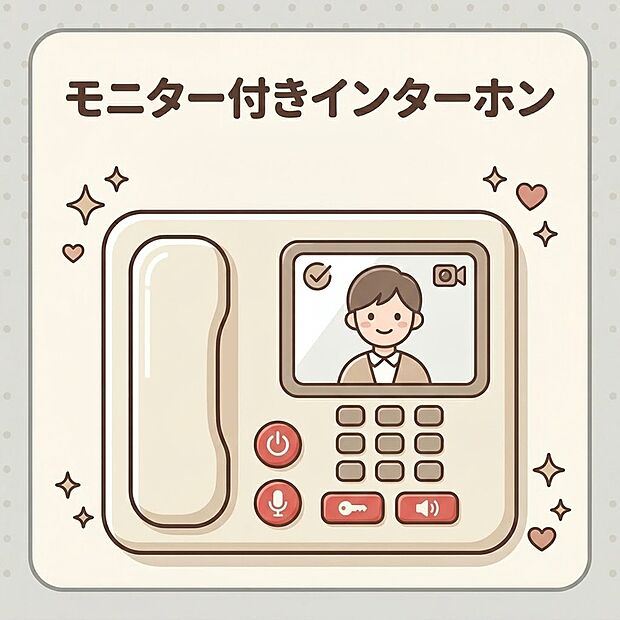 【TVモニター付インターホン】来客時の顔と姿を室内からしっかり確認できるモニター付きインターホン。不審な訪問者への対応や、お子様のお留守番時にも防犯面で安心です。ワンタッチで通話や終了ができるシンプルな操作性です。
