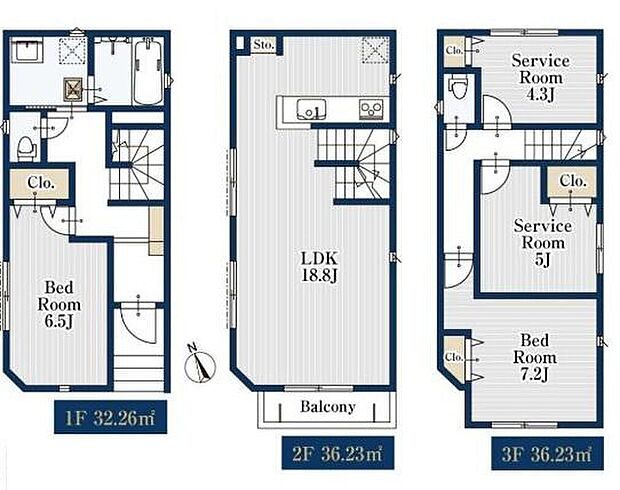 (１号棟)、価格3680万円、2LDK+2S、土地面積72.99m2、建物面積104.72m2