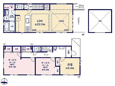上部吹抜けで対面式キッチン仕様の約２２帖リビング♪使用用途多数な納戸が２ヶ所ございます♪パントリーがあり、各所に収納スペース充実♪日当たり良好な東側ワイドバルコニー♪ 