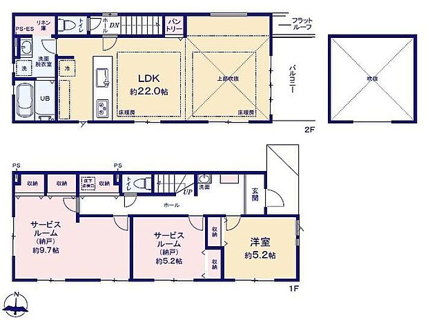 【1LDK+2S】上部吹抜けで対面式キッチン仕様の約２２帖リビング♪使用用途多数な納戸が２ヶ所ございます♪パントリーがあり、各所に収納スペース充実♪日当たり良好な東側ワイドバルコニー♪