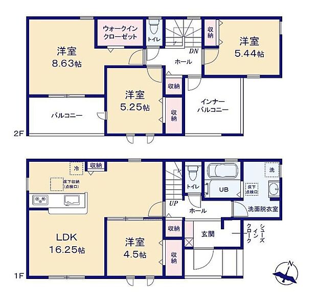 【4LDK】対面式キッチン仕様で南向き約１６．２５帖リビング♪LDKと洋室を一体できる人気の間取り♪WIC・SICがあり、各所・各居室にも収納充実♪南側バルコニーは広々２面ございます！（片側インナーバルコニー）