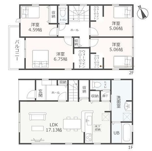 【4LDK】対面式キッチン仕様の約１７．１３帖リビング♪２階４部屋あり、使用用途多数♪WICがあり、各所・各居室にも収納充実♪玄関は中の様子が見えにくいクランクイン仕様♪
