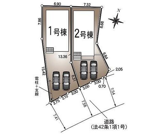 【全体区画図】１号棟　３，４９０万円
２号棟　３，３９０万円
