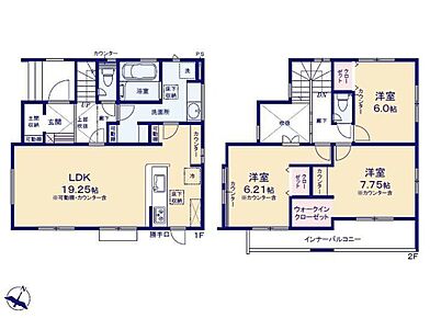 対面式キッチン仕様の約１９．２５帖リビング♪上部吹抜け仕様の玄関は開放的で採光良好♪WICがあり、各所・各居室にも収納スペース完備♪日当たり良好な南側インナーバルコニー♪ 