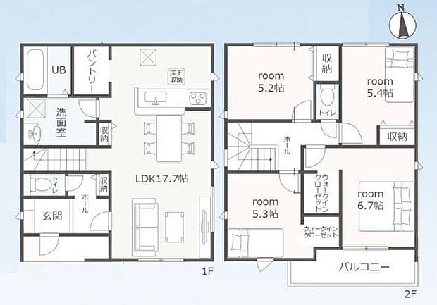 【4LDK】対面式キッチン仕様で南向き約１７．７帖リビング♪居屋４部屋あり、使用用途多数♪WICやパントリーがあり、各所・各居室にも収納充実♪陽当り良好な南側バルコニー♪