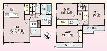 対面キッチン仕様で南向き約１６．７１帖リビング♪主寝室約６．８７帖の広々プライベート空間♪パントリーがあり、各居室には収納スペース完備♪２面ある陽当り良好な南側バルコニー♪ 