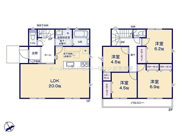 【4LDK】対面式キッチン仕様の約20帖リビング♪2階4部屋あり、使用用途多数♪各居室に収納完備でお部屋も片付けやすいです♪日当たり良好な南側バルコニー♪