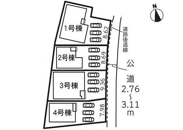 【全体区画図】１号棟　２，７８０万円
２号棟　２，５８０万円
３号棟　２，７８０万円
４号棟　２，５８０万円