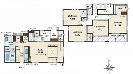 オシャレな折上天井仕様の南向き約１９帖リビング♪２階４部屋あり、お子様ひとりひとりにお部屋を与えられます♪大きな荷物も収納可能なWIC付き♪２部屋から出入りできる南側インナーバルコニー♪ 