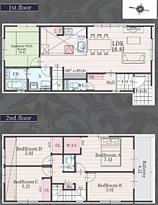 南向きの広々１８．８帖リビング♪
２階居室４部屋あり、お子様一人一人にお部屋が与えられます♪
リビングから独立した和室は客間としても最適♪
２部屋からアクセスできる南側バルコニー！ 