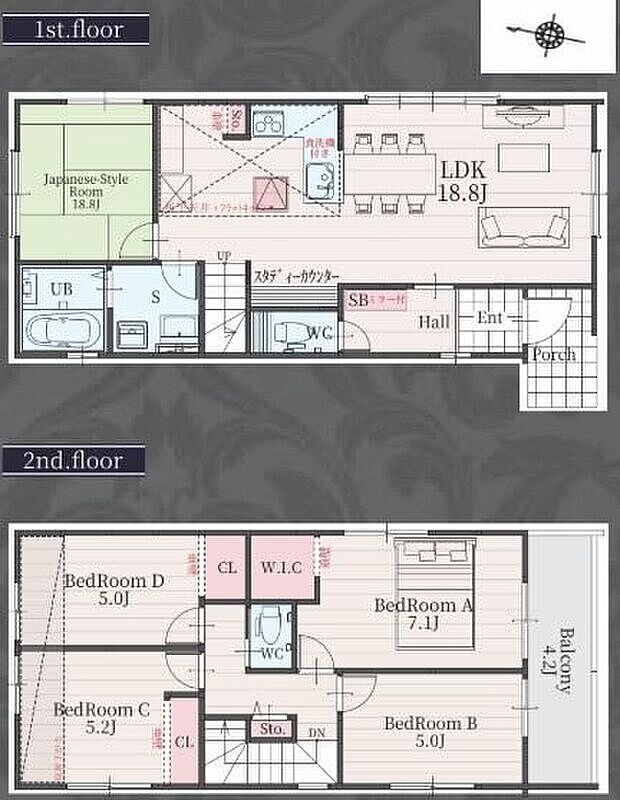 【5LDK】南向きの広々18.8帖リビング♪
2階居室4部屋あり、お子様一人一人にお部屋が与えられます♪
リビングから独立した和室は客間としても最適♪
2部屋からアクセスできる南側バルコニー!