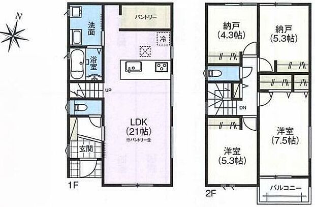 【4LDK】パントリー収納付き対面式キッチン仕様の広々約２１帖リビング♪
各居室に収納完備でお部屋も片付けやすいです♪
２階４部屋あり、お子様ひとりひとりにお部屋を与えられます♪
南側バルコニーは日当たり良好♪