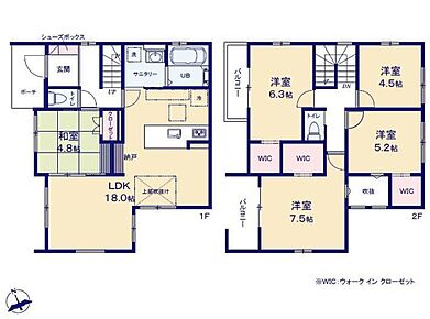 対面式キッチン仕様の約１８帖のリビング♪
２階４部屋あり、WIC等の収納も豊富♪
リビングに隣接した約４．８帖の和室♪
北西側と南西側の２面バルコニー♪
プライベートガーデン付き♪ 