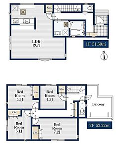 対面式キッチン仕様の約１９．７帖リビング♪２階４部屋あり、使用用途多数♪各所・各居室に収納スペース完備♪日当たり良好な広々東側バルコニー♪ 