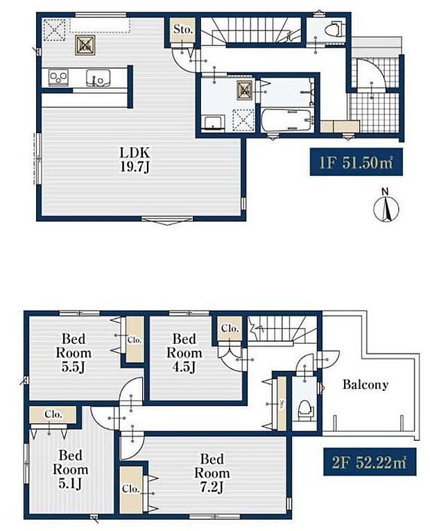 【4LDK】対面式キッチン仕様の約19.7帖リビング♪2階4部屋あり、使用用途多数♪各所・各居室に収納スペース完備♪日当たり良好な広々東側バルコニー♪