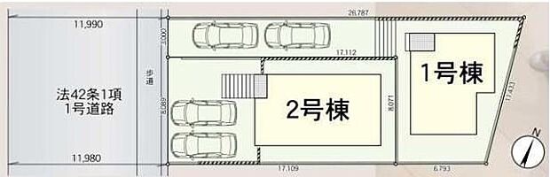 【全体区画図】1号棟 3,690万円
2号棟 ご成約済み