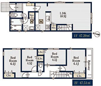 対面式キッチン仕様の約１８．９帖リビング♪
居室４部屋あり、使用用途多数♪
各所・各居室に収納スペース完備♪陽当り良好な南側バルコニー♪ 