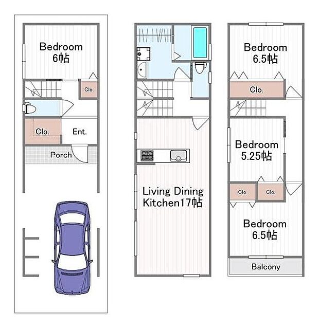 【３階建て・４ＬＤＫ】２階リビング約１７帖◎ランドリールームも広々で室内干しも可◎