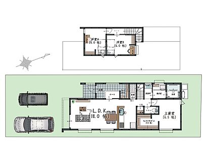 18帖LDKと6.5帖の主寝室、水まわりを1階に集約。将来は平屋のように暮らせ、2階の2室は子ども部屋や趣味室として使えます。 