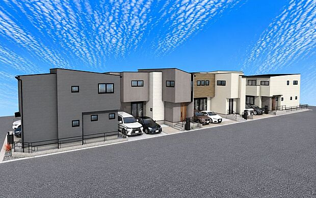 『現地案内予約受付中』アールギャラリー安城市横山町の家外観パース 右からCDEF号棟未完成物件の為、モデルハウスへのご案内も致します。お気軽にお問合せ下さいませ。