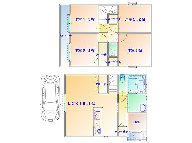 【プラン図】1階にリビングを配置した4LDKプランです。部屋数が多く、ご家族それぞれがプライベート空間を持つことが可能。(建物価格1770万円、建物面積100m2)